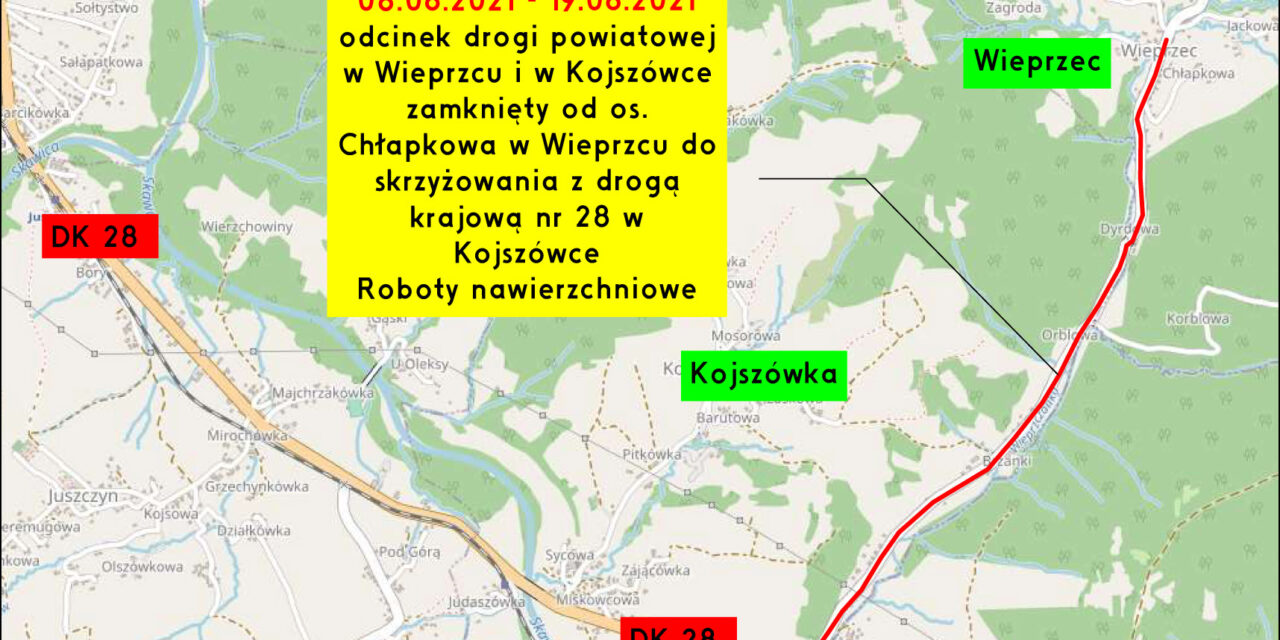 Zamknięcie drogi powiatowej Nr 1688K w Wieprzcu i Kojszówce