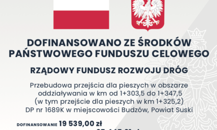 Przebudowa przejścia dla pieszych w obszarze oddziaływania w km od 1+303,5 do 1+347,5 (w tym przejście dla pieszych w km 1+325,2) DP nr 1689K w miejscowości Budzów, Powiat Suski