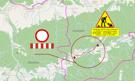 Zamknięcie dla ruchu kołowego odcinka drogi powiatowej nr           1691K Skawica – Warty           – Juszczyn w             Juszczynie
